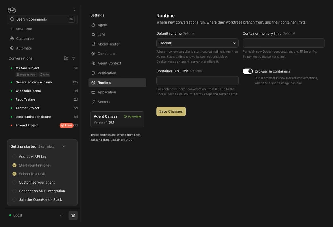 Settings Runtime trong demo chính thức PR 18436 cho tính năng OpenHands 1.34, ảnh hiển thị Agent Canvas 1.28.1 và Docker