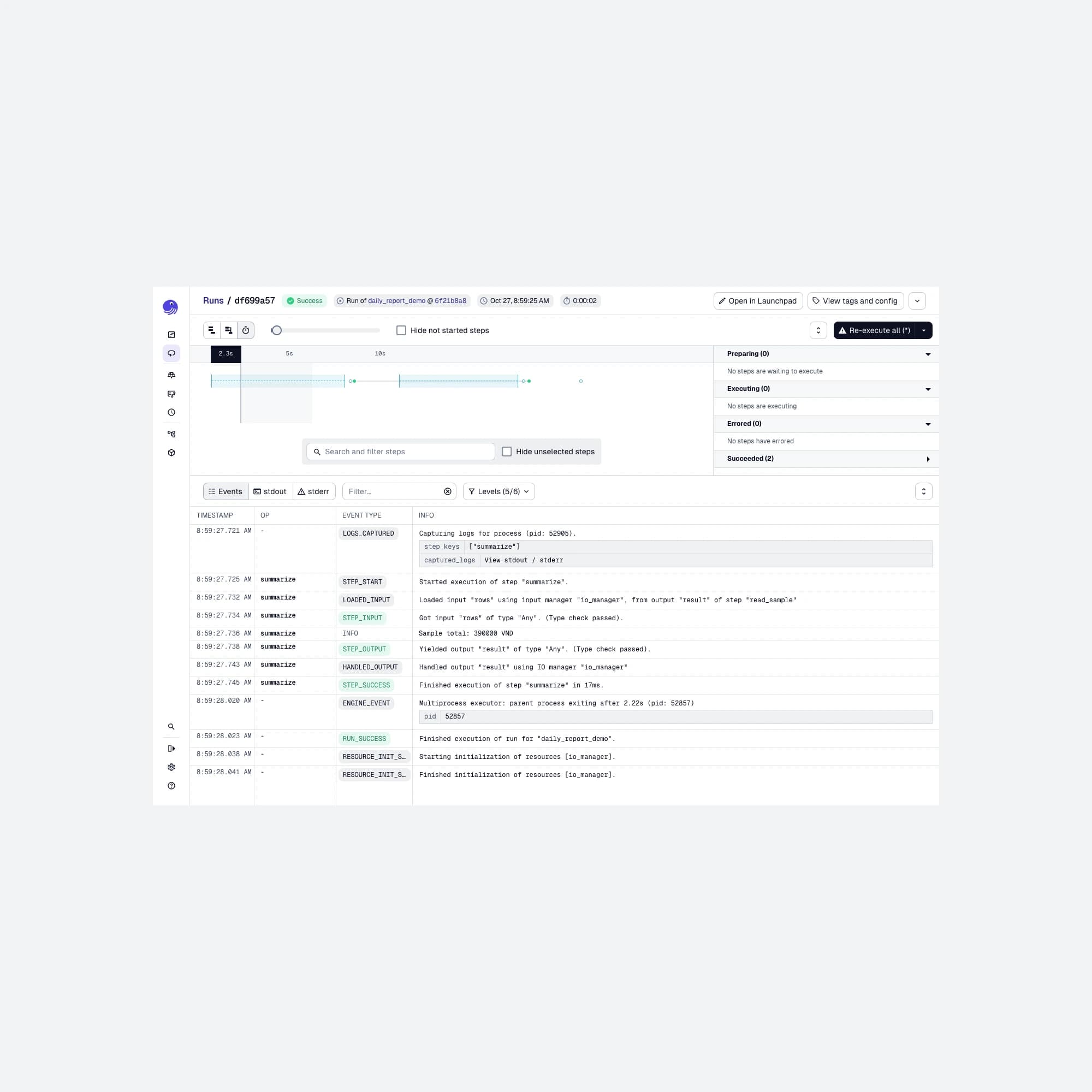 Dagster 1.13.27 showing daily_report_demo and successful logs with synthetic data