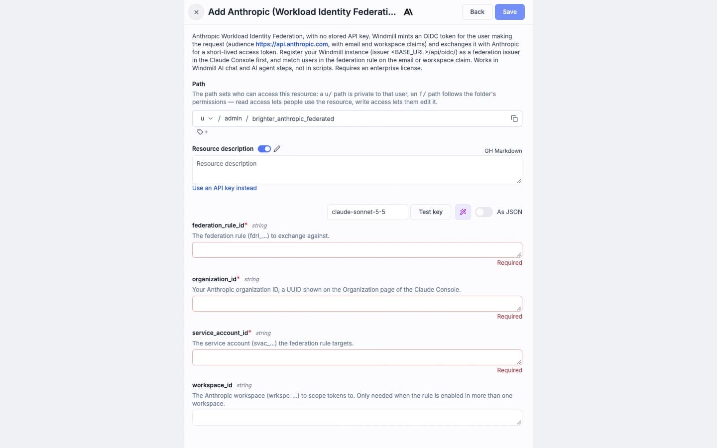 Biểu mẫu Anthropic Workload Identity Federation thật trong Windmill CE 1.849.0, chưa điền định danh hay thử đổi token