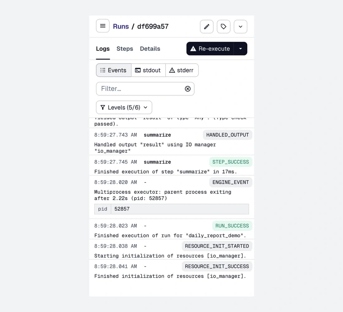 Dagster 1.13.27 mobile web, captured October 27, 2026 using Chromium phone emulation; Logs, Steps and Details tabs from the exact release
