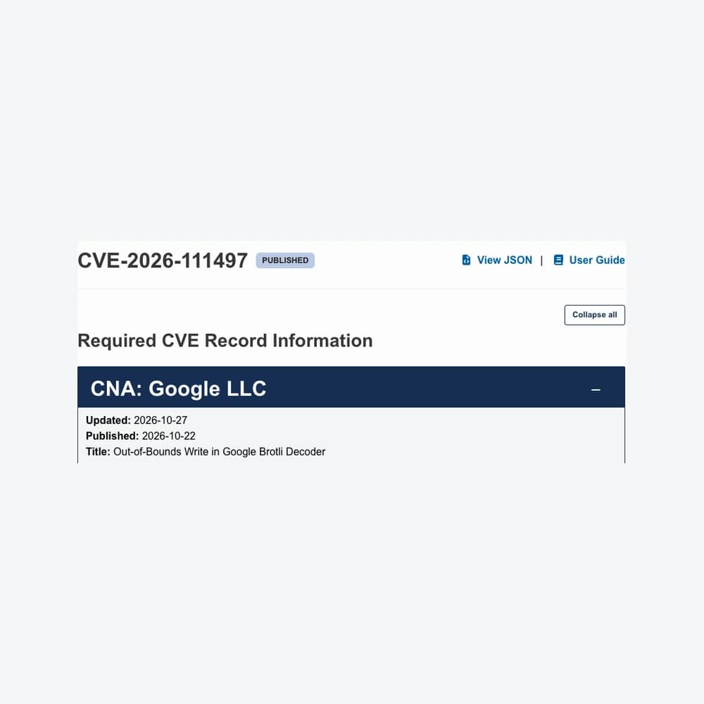 Đầu bản ghi CVE-2026-111497 trên CVE.org, tên lỗi Brotli và ngày công bố; tài liệu thật chụp 29/10/2026