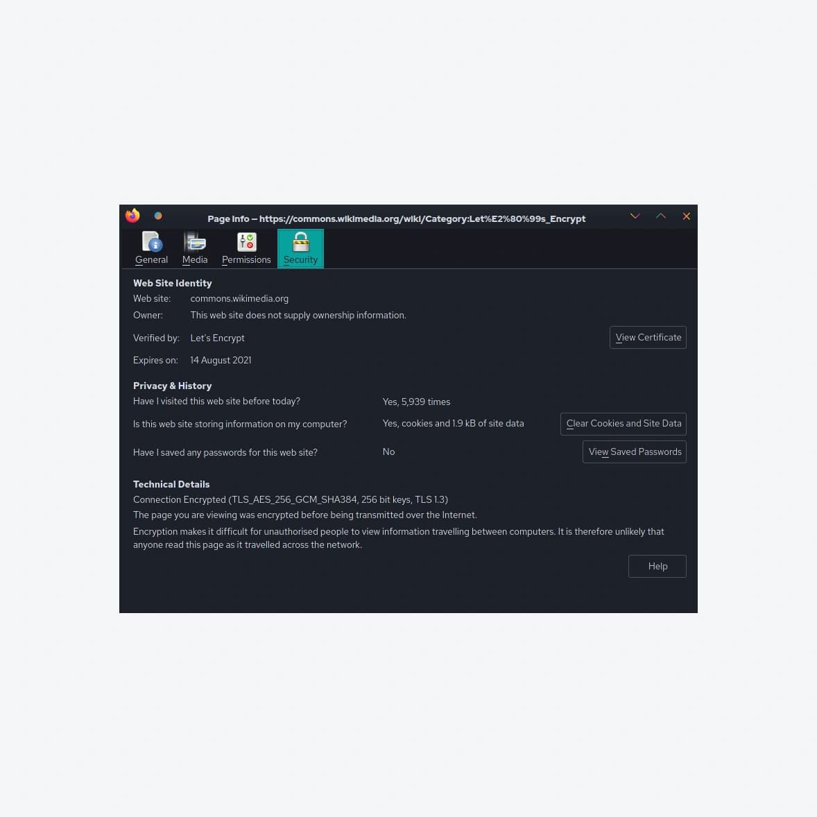 Firefox 90 trên Linux: Page Info, thẻ Security và nút View Certificate; ảnh tư liệu VulcanSphere ngày 18/07/2021, không phải màn hình đã vá 158.0.1.