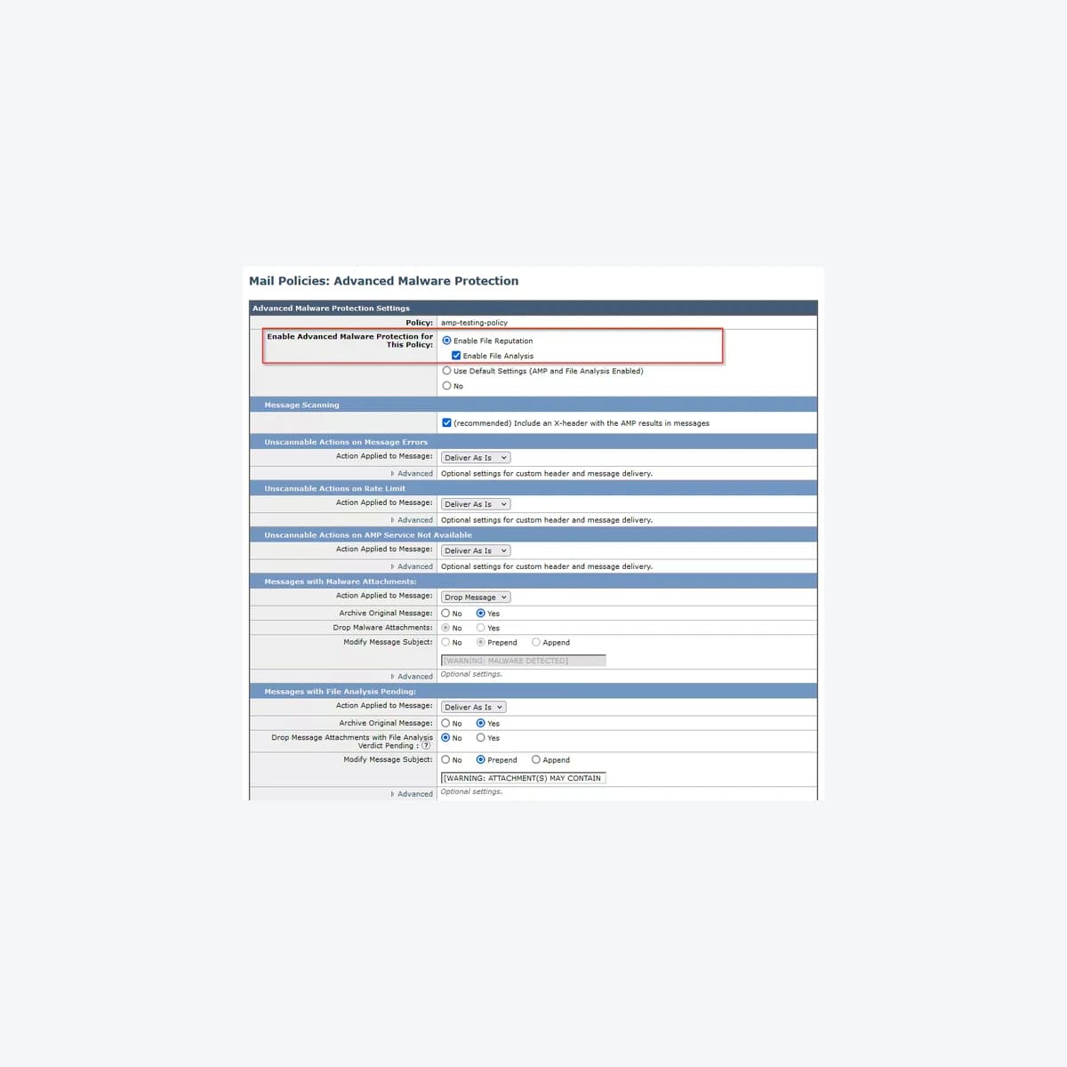Cisco Secure Email Mail Policies, Advanced Malware Protection with Enable File Reputation in Cisco lab configuration, archival October 25, 2024 material.