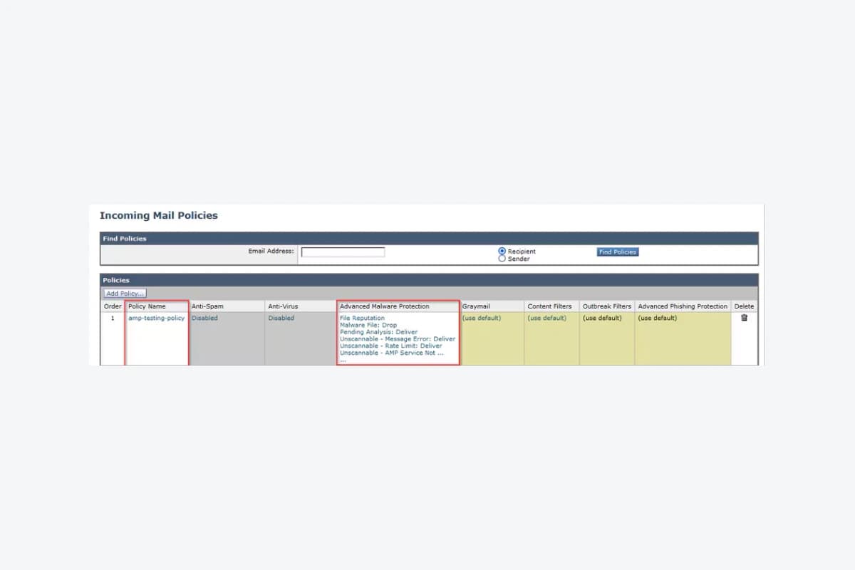 Cisco Secure Email Incoming Mail Policies with amp-testing-policy and Advanced Malware Protection; lab configuration, not a policy template to copy.