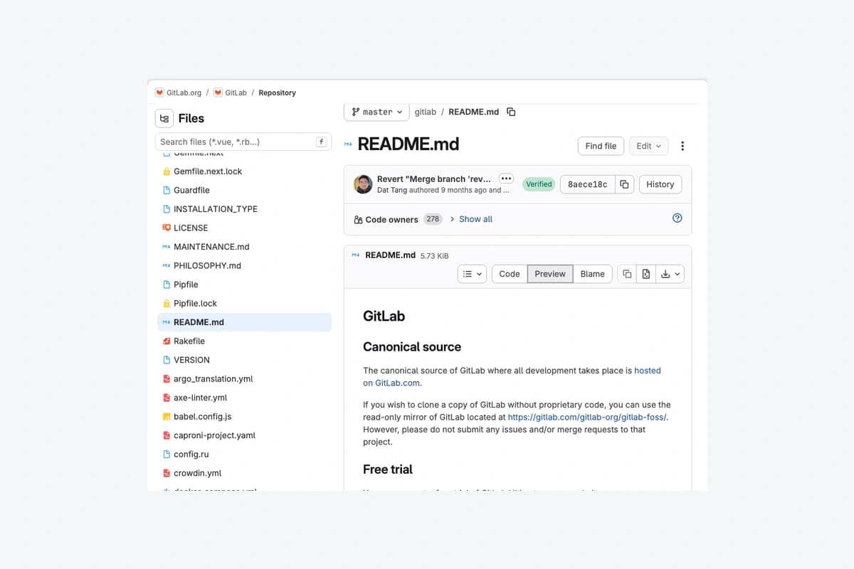 Actual GitLab repository interface showing gitlab-org/gitlab README.md; original Friday Works capture October 23, 2026, not patch-state evidence.