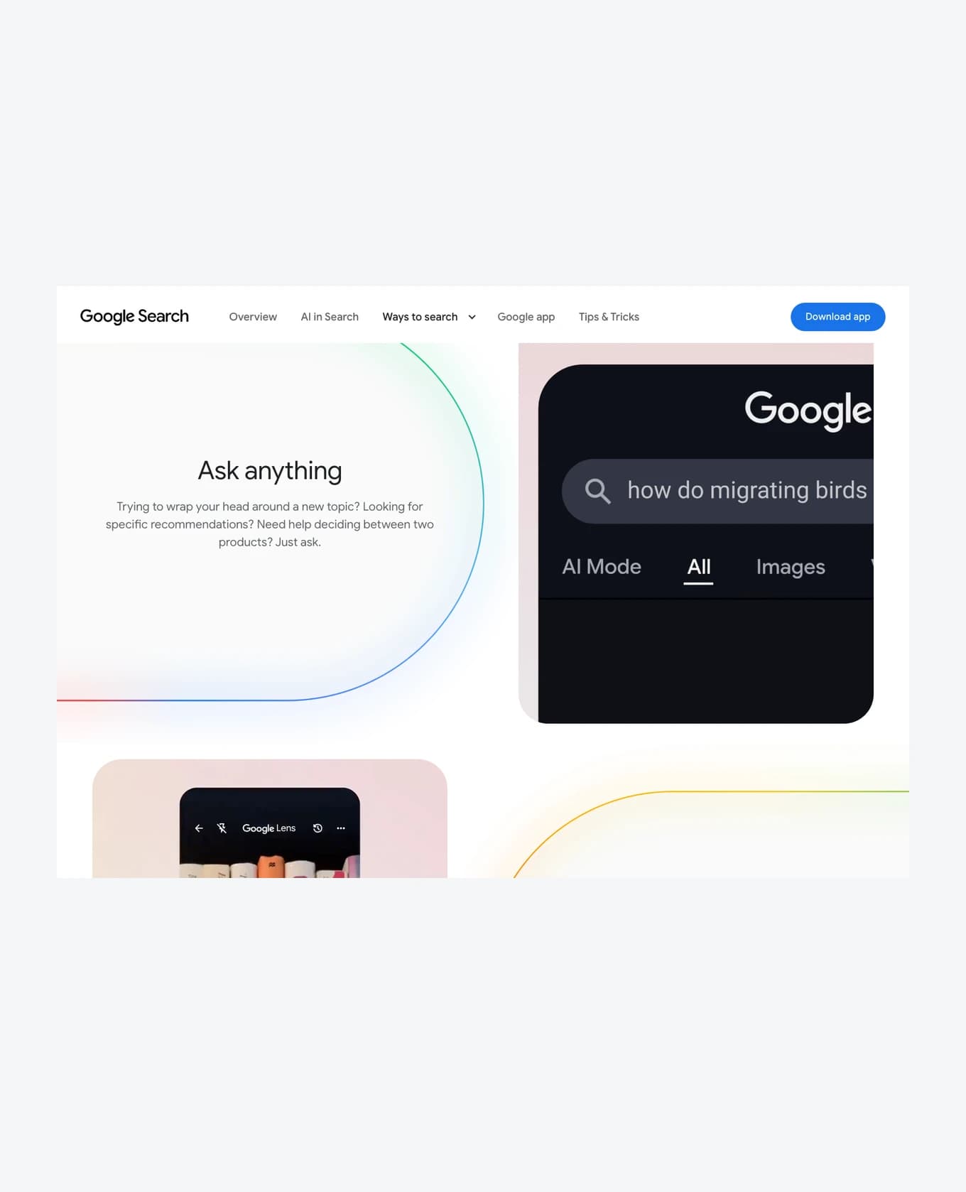Screenshot of the official Google Search page showing a search box and the AI Mode tab.