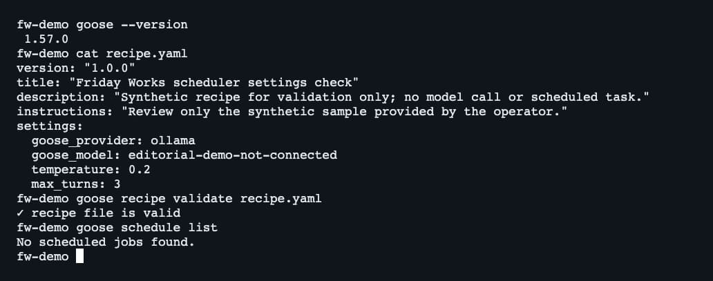 Goose 1.57.0 CLI successfully validates the sample recipe and shows an empty schedule list
