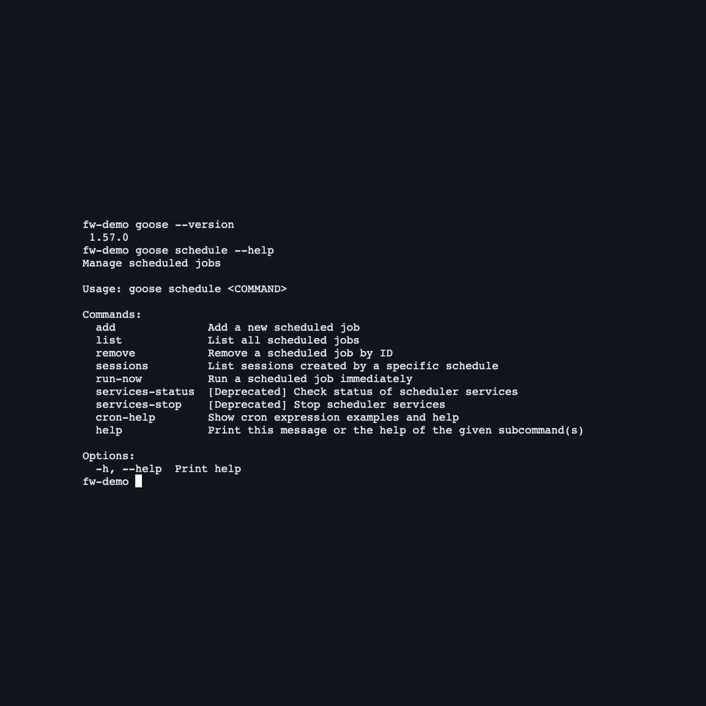 Actual Goose 1.57.0 CLI showing version and scheduler help, captured 29 October 2026