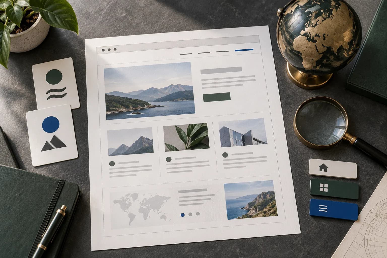 A website wireframe, abstract language cards, magnifying glass and small globe arranged on a worktable.