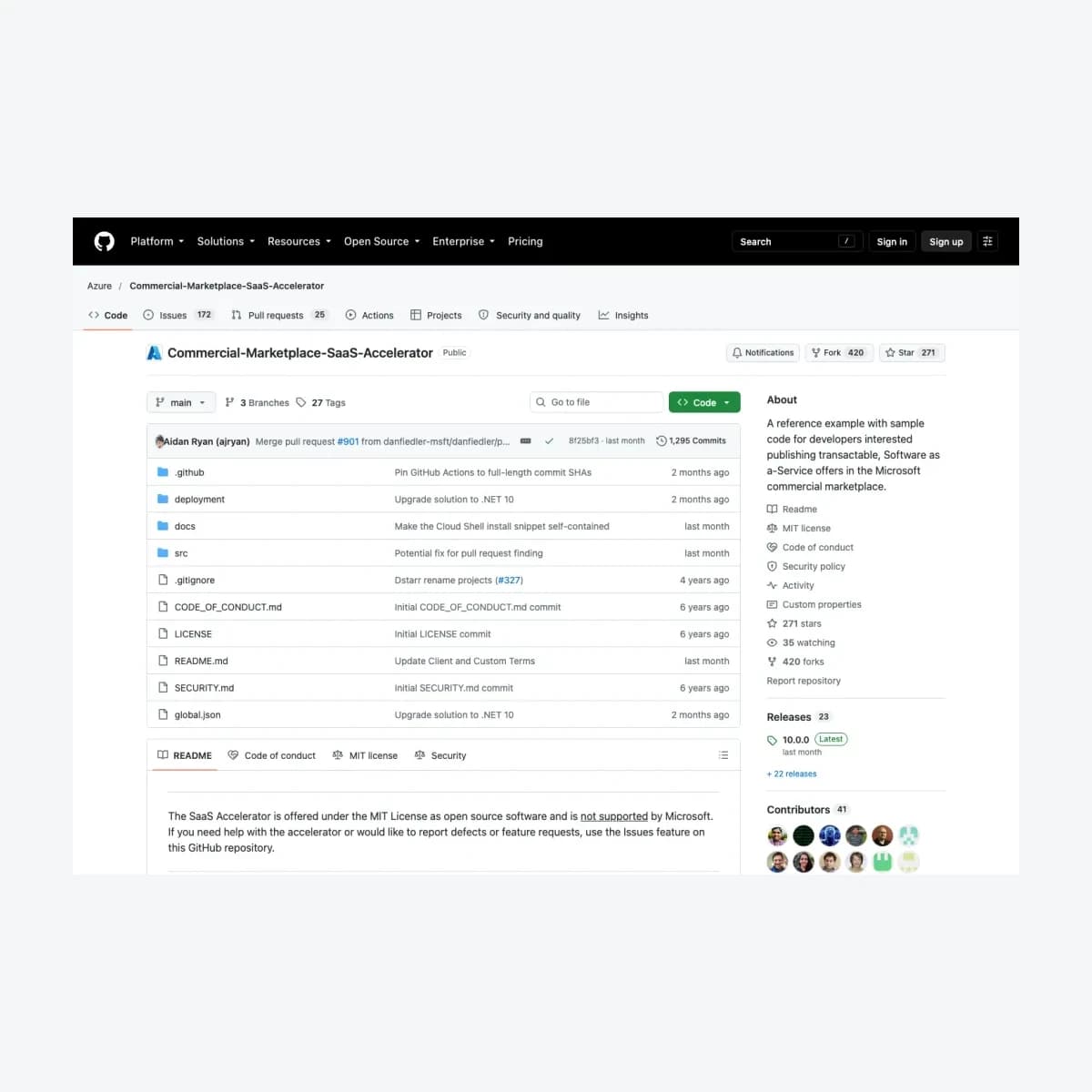 Ảnh chụp kho mã nguồn Commercial Marketplace SaaS Accelerator của Azure trên GitHub.