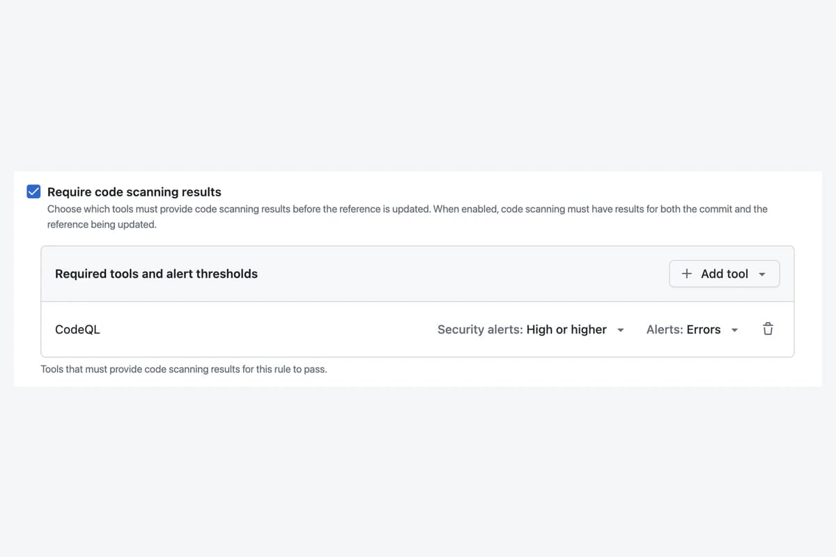 GitHub ruleset Require code scanning results with CodeQL and alert thresholds; official demonstration.