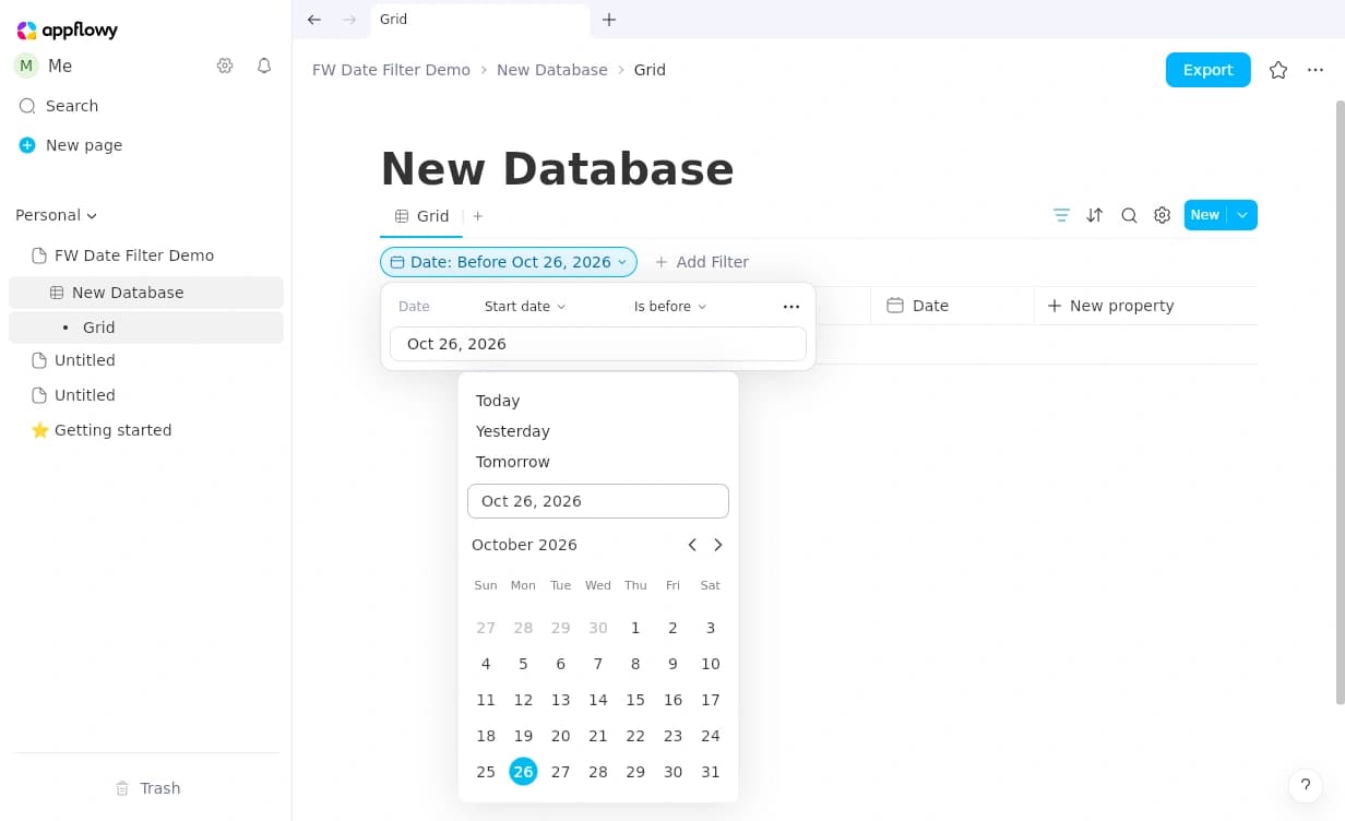 Giao diện AppFlowy 0.14.11 thật với bộ lọc Is before và ba mốc Today, Yesterday, Tomorrow trong database mẫu