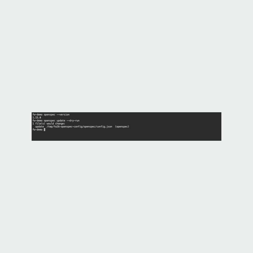 Actual OpenSpec 1.15.0 terminal showing its version and update --dry-run plan in isolated configuration