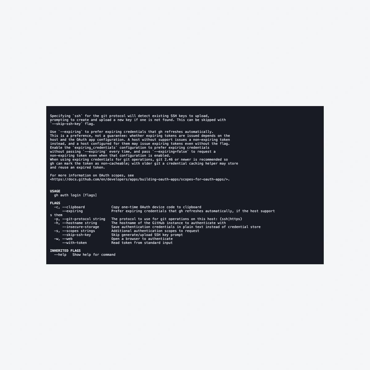 GitHub CLI 2.103.0 thật: gh auth login --help, tùy chọn --expiring; terminal web xterm, demo chỉ đọc ngày 22/10/2026.