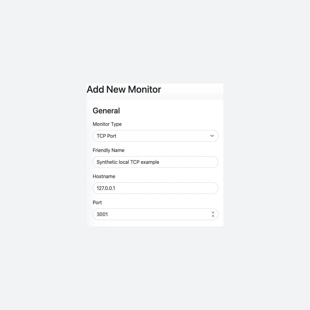 Uptime Kuma 2.5.8 TCP Port form showing hostname and port with synthetic loopback input