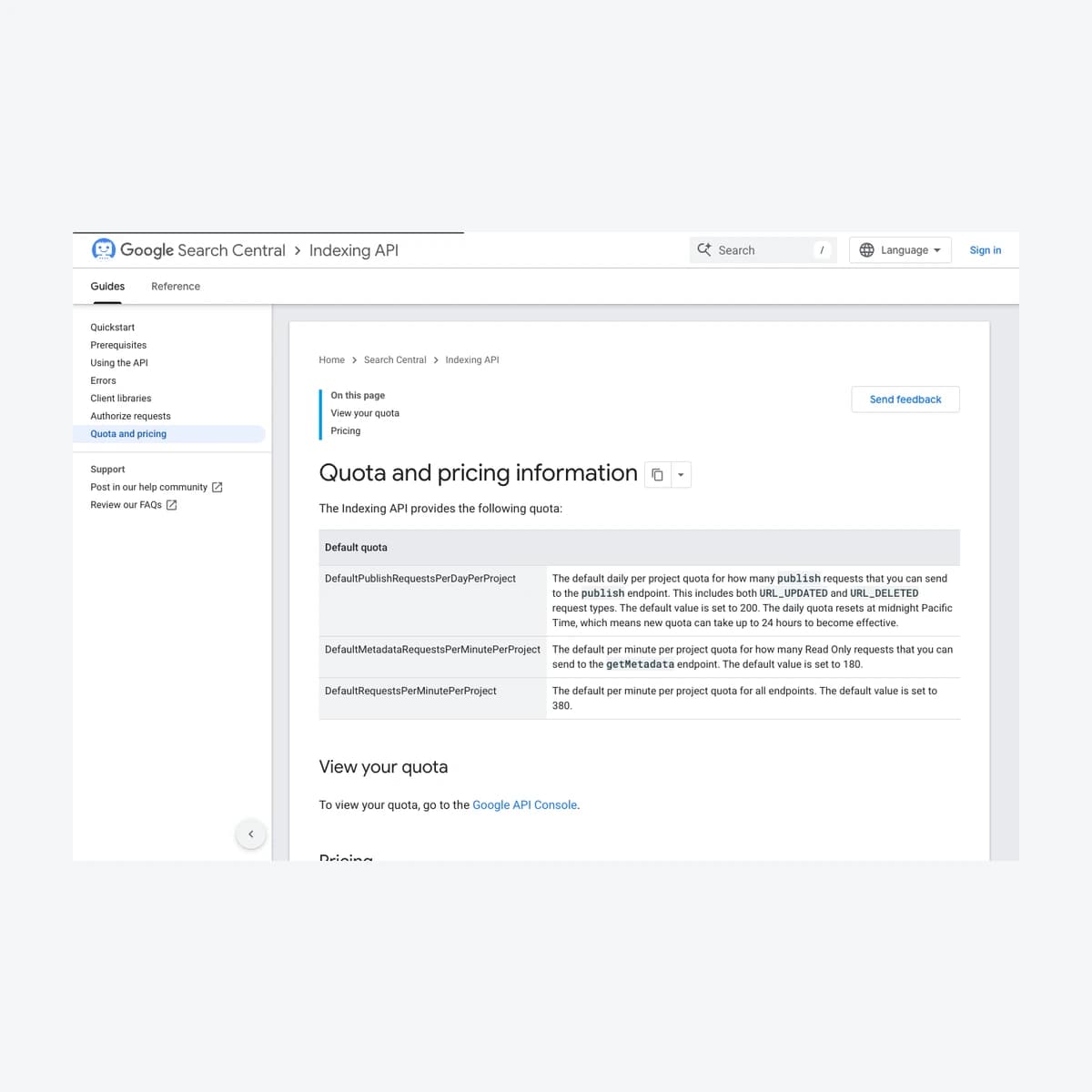 Ảnh chụp tài liệu Google Search Central về hạn mức Indexing API ngày 18/10/2026, giữ nguyên số liệu của Google.