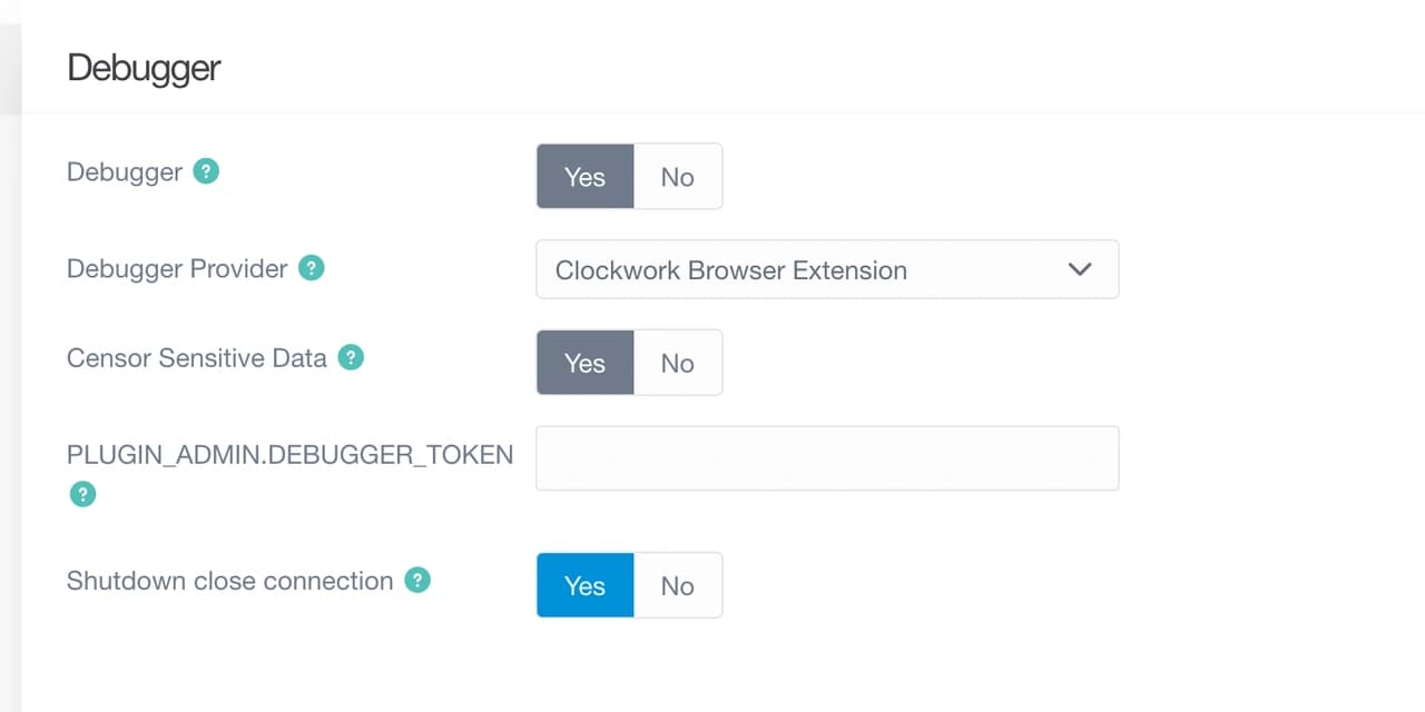 Actual Grav 1.7.53.6 Debugger settings showing Clockwork and an empty token field in an isolated test
