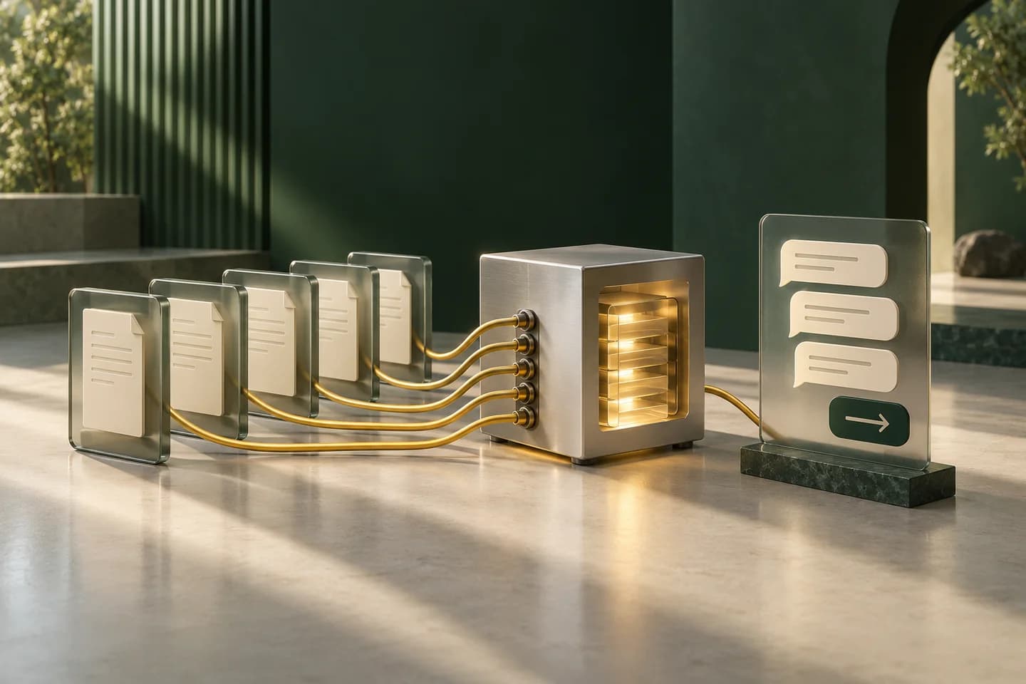 AI-generated 3D editorial illustration: document panels connected to a processing module and conversation panel