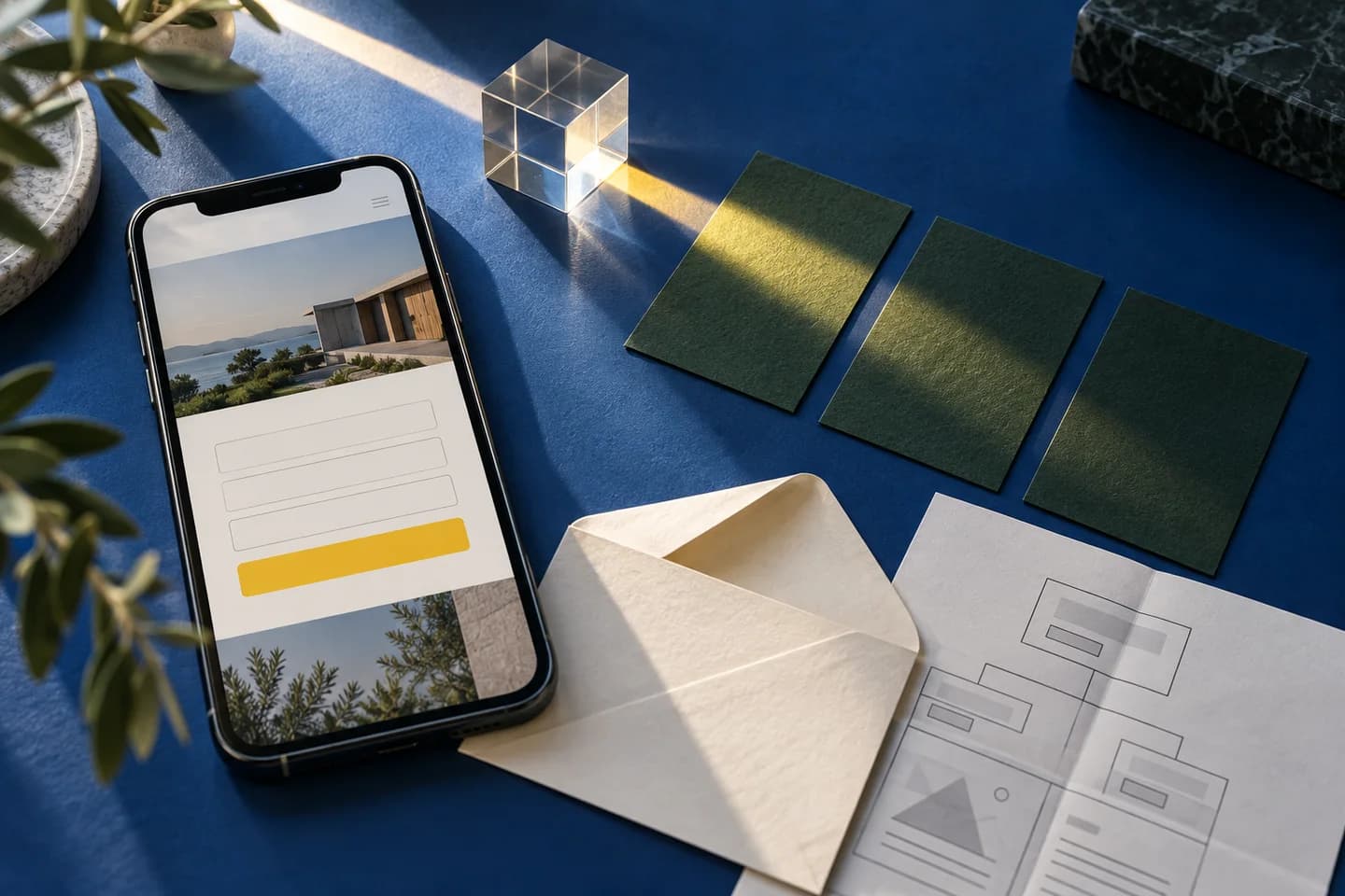Ảnh minh họa tạo bằng AI: điện thoại hiển thị form liên hệ, phong bì và sơ đồ website trên nền xanh