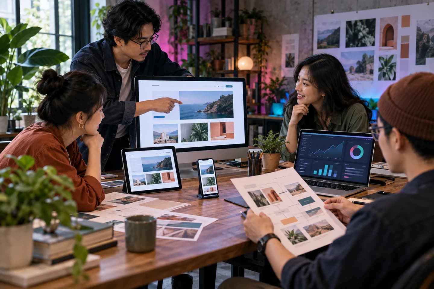 Đội ngũ sản phẩm kiểm tra một website doanh nghiệp trên máy tính, máy tính bảng và điện thoại