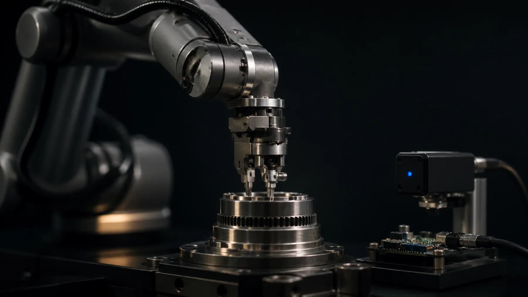 Industrial robot assembling a metal component beside a machine-vision sensor